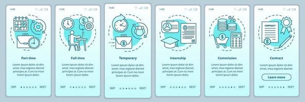 Jobs types turquoise onboarding mobile app page screen vector template. Part-time, temporary, internship. Walkthrough website steps with linear illustrations. UX, UI, GUI smartphone interface concept