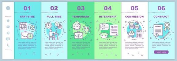 Jobs types onboarding mobile web pages vector template. Part-time, full-time. Responsive smartphone website interface idea with linear illustrations. Webpage walkthrough step screens. Color concept