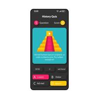 Prueba de historia plantilla de vector de interfaz de teléfono inteligente. diseño de la página de la aplicación móvil en negro. pantalla de verificación de hechos históricos. interfaz de usuario plana para la aplicación. pregunta, respuestas, consejos de ayuda pantalla del teléfono