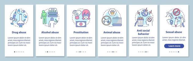 Problemas de comportamiento al incorporar la pantalla de la página de la aplicación móvil con concepto lineal. abuso de alcohol de drogas, prostitución, acoso sexual tutorial instrucciones gráficas. ux, ui, plantilla de vector de interfaz gráfica de usuario con icono