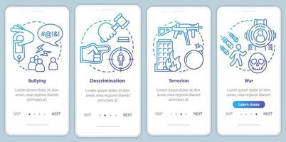 Social violence onboarding mobile app page screen with linear concepts. Bullying, discrimination, terrorism, war walkthrough steps, instructions. Social issues. UX, UI, GUI vector template with icons