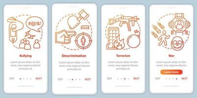 Social violence onboarding mobile app page screen with linear concepts. Bullying, discrimination, terrorism, war walkthrough steps, instructions. Social issues. UX, UI, GUI vector template with icons