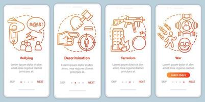 Social violence onboarding mobile app page screen with linear concepts. Bullying, discrimination, terrorism, war walkthrough steps, instructions. Social issues. UX, UI, GUI vector template with icons