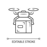 Delivery drone linear icon. Quadcopter transporting parcel. UAV with cardboard box. Autonomous delivery. Unmanned aerial vehicle and package. Contour symbol. Vector isolated drawing. Editable stroke