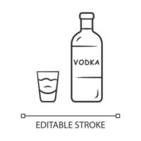 Vodka linear icon. Bottle and shot glass with drink. Clear distilled alcoholic beverage. Thin line illustration. Contour symbol. Vector isolated outline drawing. Editable stroke