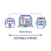 Video library concept icon. Internet vlog content hosting idea thin line illustration. Footage, clips, tape library. Video tutorials. Vector isolated outline drawing. Editable stroke