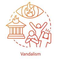 Vandalism concept icon. Civil unrest, property destruction, mob violence idea thin line illustration. Aggressive crowd, burning house and flaming eye vector isolated outline drawing. Violent protest