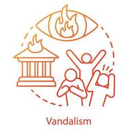 Vandalism concept icon. Civil unrest, property destruction, mob violence idea thin line illustration. Aggressive crowd, burning house and flaming eye vector isolated outline drawing. Violent protest