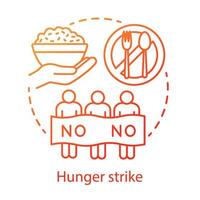 Hunger strike concept icon. Voluntary food refuse, nonviolent protest idea thin line illustration. Protesters with banner, rice and tableware vector isolated outline drawing. Social demonstration