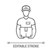 Deliveryman with parcel linear icon. Courier holding cardboard box. Postman with package. Delivery, postal service. Express shipping. Contour symbol. Vector isolated outline drawing. Editable stroke