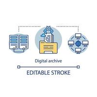 Digital archive concept icon. Internet content hosting idea thin line illustration. Servers network with media libraries. Database and data storage. Vector isolated outline drawing. Editable stroke