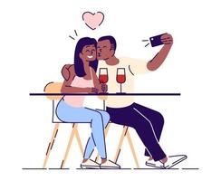 Couple selfie flat vector illustration. Guy kisses smiling girl for self photo on phone camera. Man and woman in love making portrait on dating. isolated cartoon character on white background