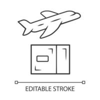 Delivery by plane linear icon. International cargo shipping. Air freight. Transfer and shipment of parcels, packages. Cargo aircraft. Contour symbol. Vector isolated outline drawing. Editable stroke