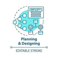 Planning and designing concept icon. System operation algorithm idea thin line illustration. Work structure, report. Systematization of requirements. Vector isolated outline drawing. Editable stroke