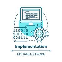 Implementation concept icon. Software coding. Computer programming and deployment idea thin line illustration. Information technology. Vector isolated outline drawing. Editable stroke