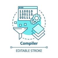 Compiler concept icon. Software development. Machine language. Programming. Data filtering. Computer code translation idea thin line illustration. Vector isolated outline drawing. Editable stroke