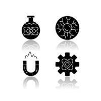 Physics branches drop shadow black glyph icons set. Chemical, plasma and engineering physics, electromagnetism. Physical processes scientific disciplines. Isolated vector illustrations