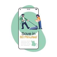 Save in 60 minutes social media post smartphone app screen. Friends searching exit. Mobile phone displays with cartoon characters design mockup. Escape room application telephone interface vector