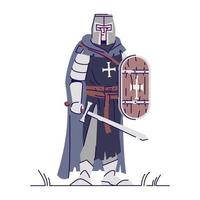 Medieval knight with sword and shield flat vector illustration. Armored templar isolated cartoon character with outline elements on white background. Ancient warrior. Fantasy personage