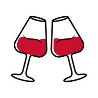 Two clinking glasses with red wine color icon. Glassfuls of alcohol beverage. Wine service. Glassware. Celebration. Wedding. Degustation. Toast. Cheers. Isolated vector illustration