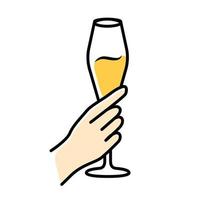 Hand holding tulip glass of white wine color icon. Champagne flute. Glassful of alcohol drink. Wine service. Celebration, party. Wedding. Cheers. Tasting, degustation. Isolated vector illustration