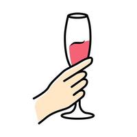 Hand holding glass of rose wine color icon. Champagne stemware. Glassful of alcohol beverage. Wine service. Celebration, party. Wedding. Tasting, degustation. Cheers. Isolated vector illustration