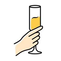 Hand holding glass of sparkling wine color icon. Champagne flute. Glassful of alcohol beverage. Wine service. Celebration. Wedding. Tasting, degustation. Toast. Cheers. Isolated vector illustration