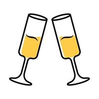 Two clinking glasses with champagne color icon. Sparkling wine. Glassfuls of alcohol beverage. Wine service. Celebration, party. Wedding. Tasting, degustation. Cheers. Isolated vector illustration