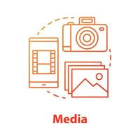 Media concept icon. Visual content idea thin line illustration. Videos, pictures and photos on mobile devices. Media library and files storage service. Vector isolated outline drawing