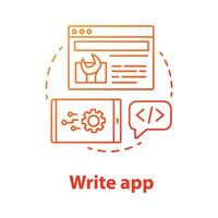 escribir el icono del concepto de aplicación. Ilustración de línea fina de idea de desarrollo de software. orquestación de servicios. herramientas para desarrolladores front-end y back-end. gestión de aplicaciones. dibujo de contorno aislado vectorial vector