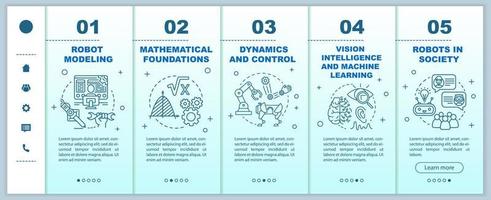 Robotics courses onboarding mobile web pages vector template. Cybernetics. Responsive smartphone website interface idea with linear illustrations. Webpage walkthrough step screens. Color concept