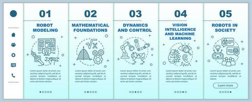Cursos de robótica incorporación de plantillas vectoriales de páginas web móviles. cibernética. Idea de interfaz de sitio web de teléfono inteligente sensible con ilustraciones lineales. pantallas de pasos del tutorial de la página web. concepto de color vector