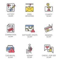 Scam types color icons set. Lottery, competition fraud. Charity, banking, car rental fraudulent scheme. Software update. Kidnap, credit-for-sex scamming. Email spoofing. Isolated vector illustrations