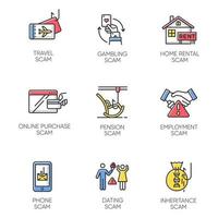 Scam types color icons set. Travel, gambling, dating scheme. Pension, inheritance, employment trick. Phone, online purchase, home rental scamming. Cybercrime. Isolated vector illustrations