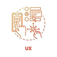 icono de concepto de ux. herramientas de desarrollo de software idea ilustración de línea fina. interfaz gráfica para una mejor experiencia de usuario. programación de aplicaciones para dispositivos móviles. dibujo de contorno aislado vectorial vector