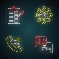 Survey methods neon light icons set. Telephone poll. Chemical analysis. Questionnaire. Interview. Public opinion. Customer review. Feedback. Evaluation. Glowing signs. Vector isolated illustrations