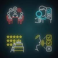 Survey methods neon light icons set. Group administered questionnaire. High rating. Testimonial. Customer audio review. Event evaluation, expert survey. Glowing signs. Vector isolated illustrations