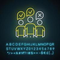 Community survey neon light icon. Group administered questionnaire. Public opinion polling. Social research. Feedback. Glowing sign with alphabet, numbers and symbols. Vector isolated illustration