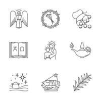 Bible narratives linear icons set. Angel, thorns wreath and nails, 30 coins, Alpha, Omega, Virgin Mary, Christmas. Thin line contour symbols. Isolated vector outline illustrations. Editable stroke