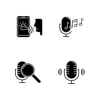 Sound request glyph icons set. Voice control system. Speech recognition technology. Voice controlled apps. Microphones, speakers, mics. Silhouette symbols. Vector isolated illustration