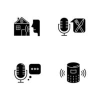 Remote control system glyph icons set. Virtual assistance tools. Microphones, speaker. Speech recognition equipment. Smart home technology, food order. Silhouette symbols. Vector isolated illustration