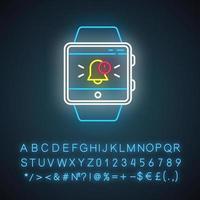 Push notifications smartwatch function neon light icon. Fitness wristband capability. Alert box with specified message.Glowing sign with alphabet, numbers and symbols. Vector isolated illustration