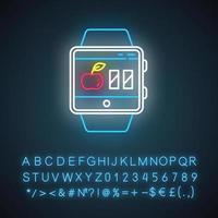 calculadora de calorías smartwatch funciones icono de luz de neón. estimar las calorías para mantener, perder y ganar peso. signo brillante con alfabeto, números y símbolos. vector ilustración aislada