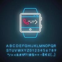 Answering calls smartwatch functions neon light icon. Receiving income calls. Synchronization with mobile phone. Glowing sign with alphabet, numbers and symbols. Vector isolated illustration