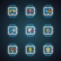 Fitness tracker functions neon light icons set. Wristband smartwatch capabilities. Scheduling events, sleep timer, weather forecast, notifications. Glowing signs. Vector isolated illustrations