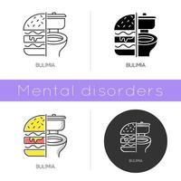 Bulimia icon. Eating disorder. Depression and anxiety. Vomiting food in bathroom. Unhealthy hunger. Binge eating. Mental disorder. Flat design, linear and color styles. Isolated vector illustrations