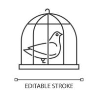 Pigeon in cage linear icon. Captive bird. Harbinger of peace. Nightingale in captivity. Symbol of purity. Thin line illustration. Contour symbol. Vector isolated outline drawing. Editable stroke