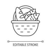 Bread and fish in basket linear icon. Feeding the multitude. Holy week. Miracle of Christ. New Testament. Thin line illustration. Contour symbol. Vector isolated outline drawing. Editable stroke