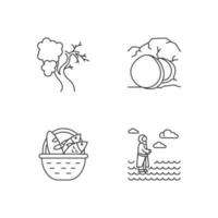 Bible narratives linear icons set. Fig tree, open coffin, bread and fish, Jesus walking on water. Easter week. Thin line contour symbols. Isolated vector outline illustrations. Editable stroke