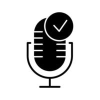 Microphone installation glyph icon. Sound recorder connected. Successful connection. Voice control, speech recognition process. Silhouette symbol. Negative space. Vector isolated illustration